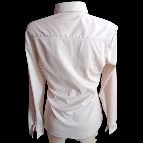 Vintage Womens Medium Blouse Secreatry Light Pink Stretchy Poly Granny 1970's - Picture 3 of 6